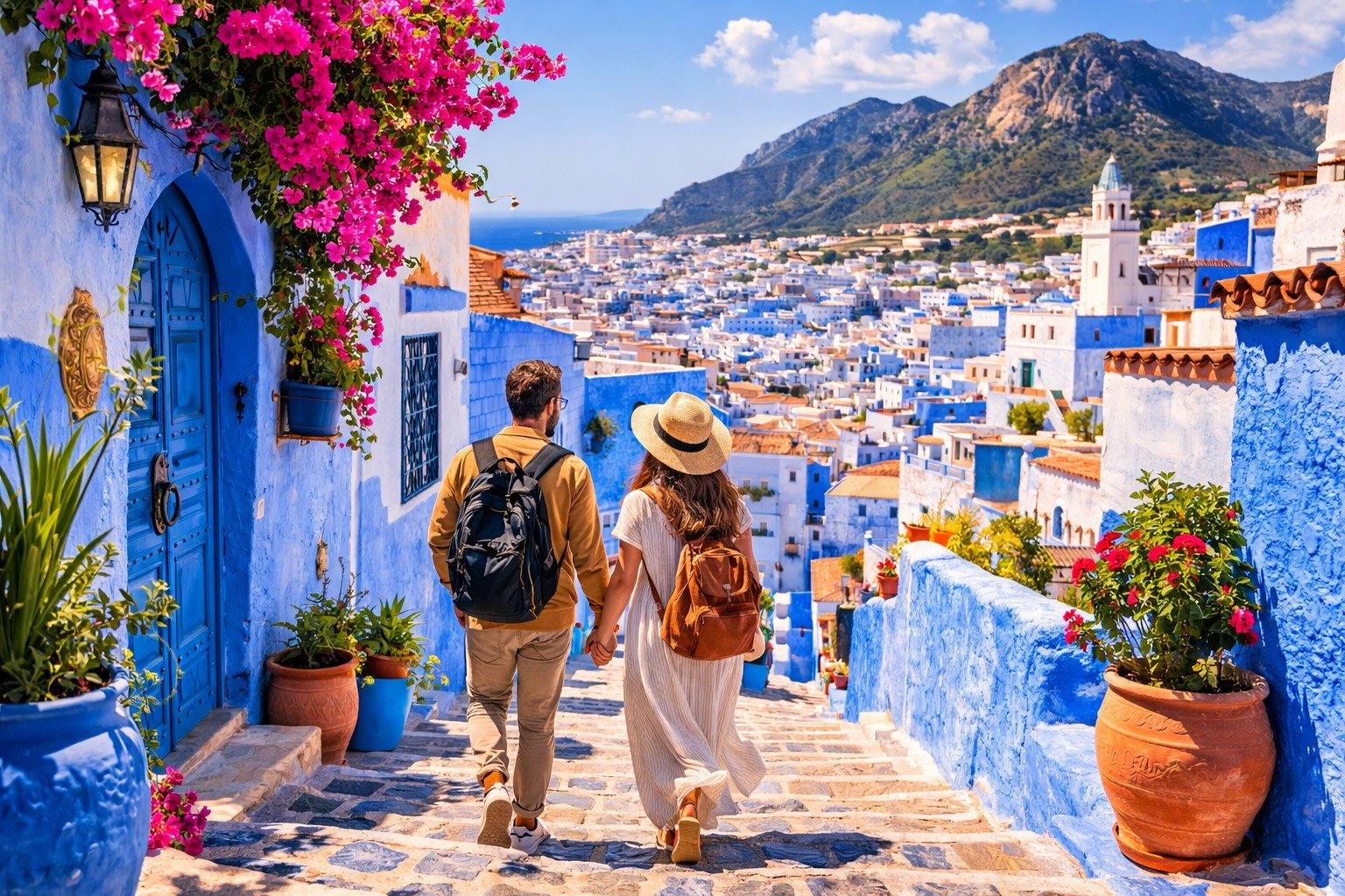 Tourists exploring the blue streets of Chefchaouen during a 2 day tour from Tarifa to Tangier and Chefchaouen Morocco